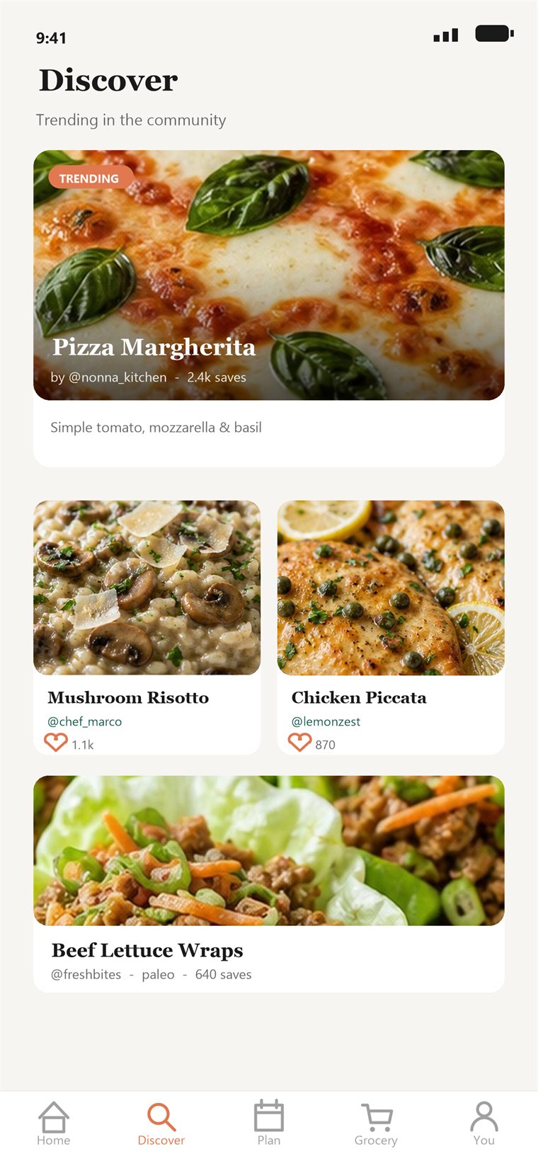 Sapori discover feed with community recipes