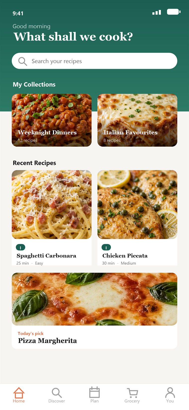 Sapori home screen showing a personal recipe collection